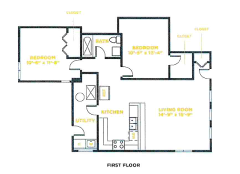 A floor plan of a house with a living room, dining room, kitchen, and two bedrooms.