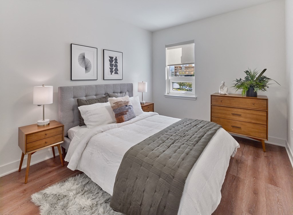 a bedroom with a bed and two dressers