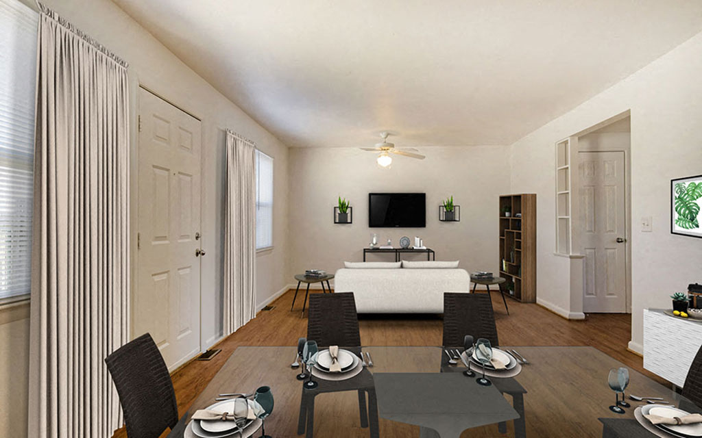 a living room and dining room with a table and chairs