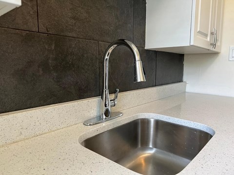 A modern kitchen sink with a chrome faucet.