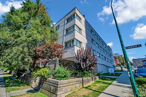 A street view of a residential area with a building, trees, and a sidewalk.