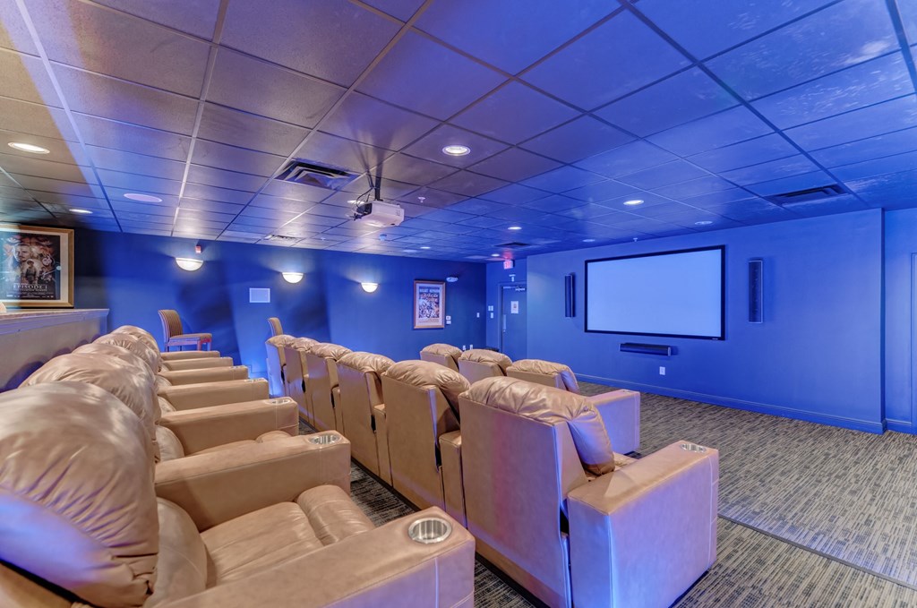 a large blue screening room with brown couches and a television
