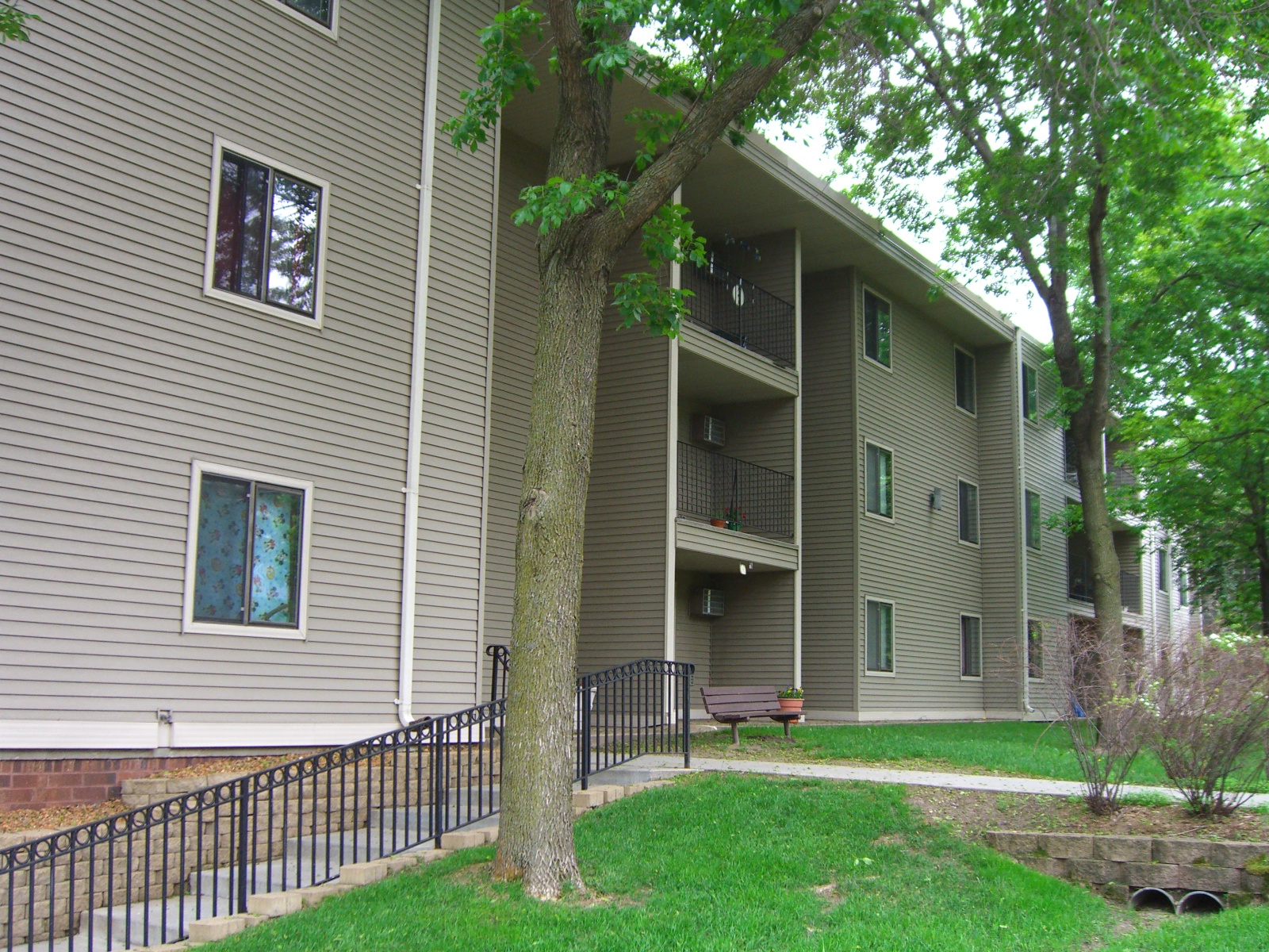 an apartment building with a yard and a tree in front of it