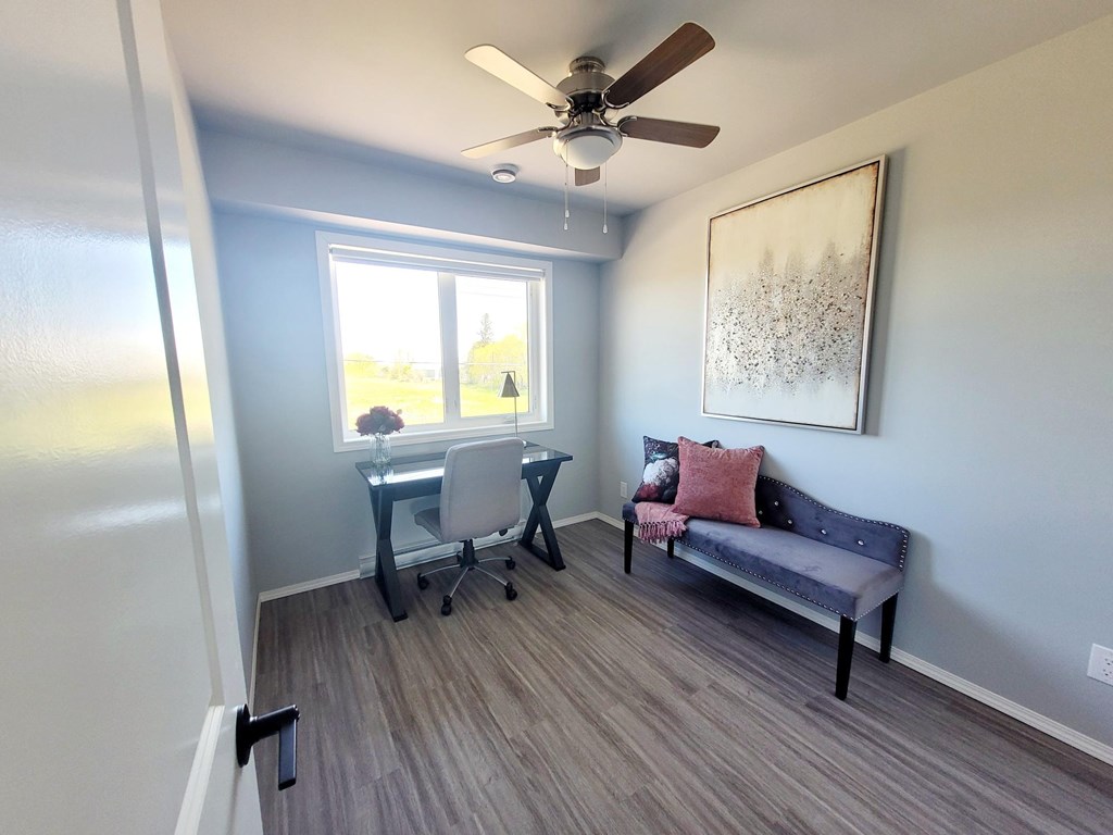 A room with a ceiling fan, a window, a desk, a chair, and a couch.