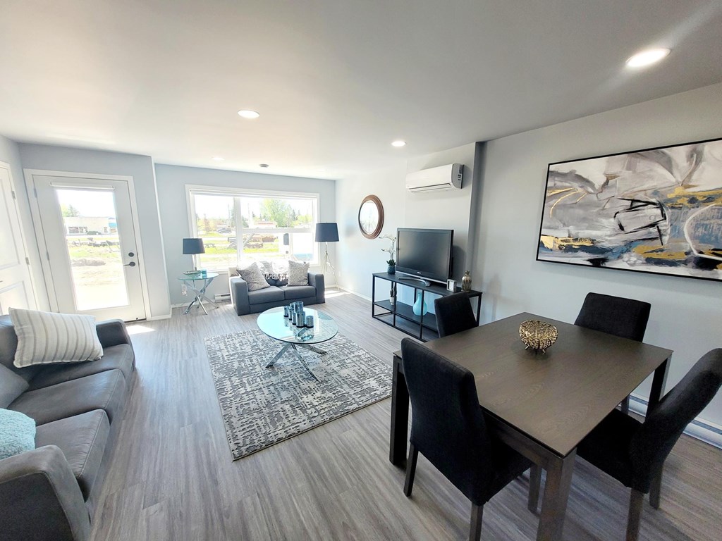 A modern living room with a grey sofa, a black coffee table, and a television.