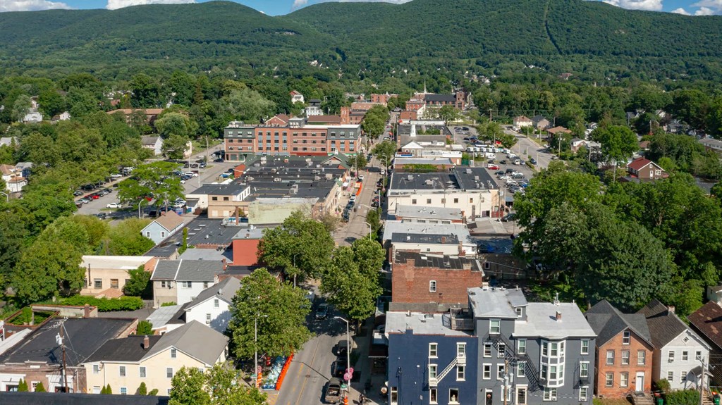 an aerial view of a city with buildings and trees