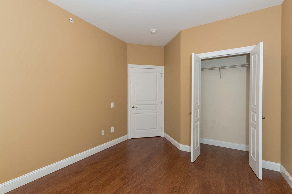 a bedroom with a closet and a door to a closet