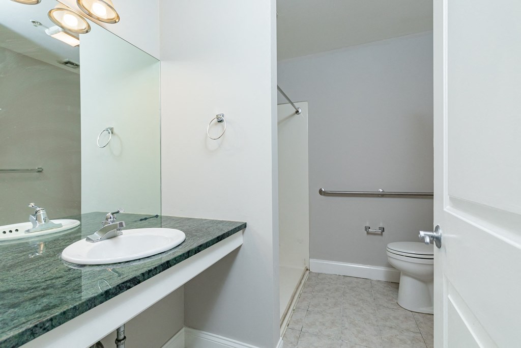 a bathroom with a mirror and a sink and a toilet