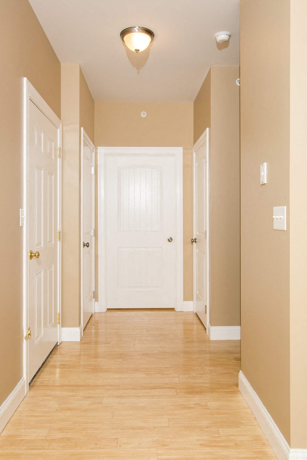 a hallway with a white door and a wood floor