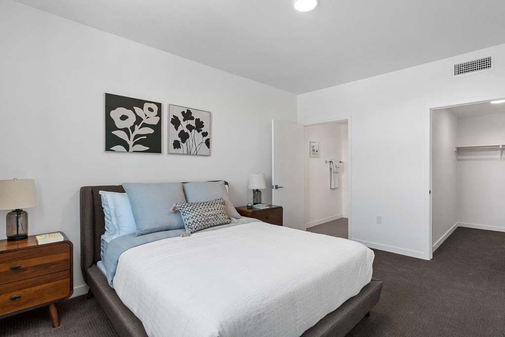 a bedroom with a large bed and a closet