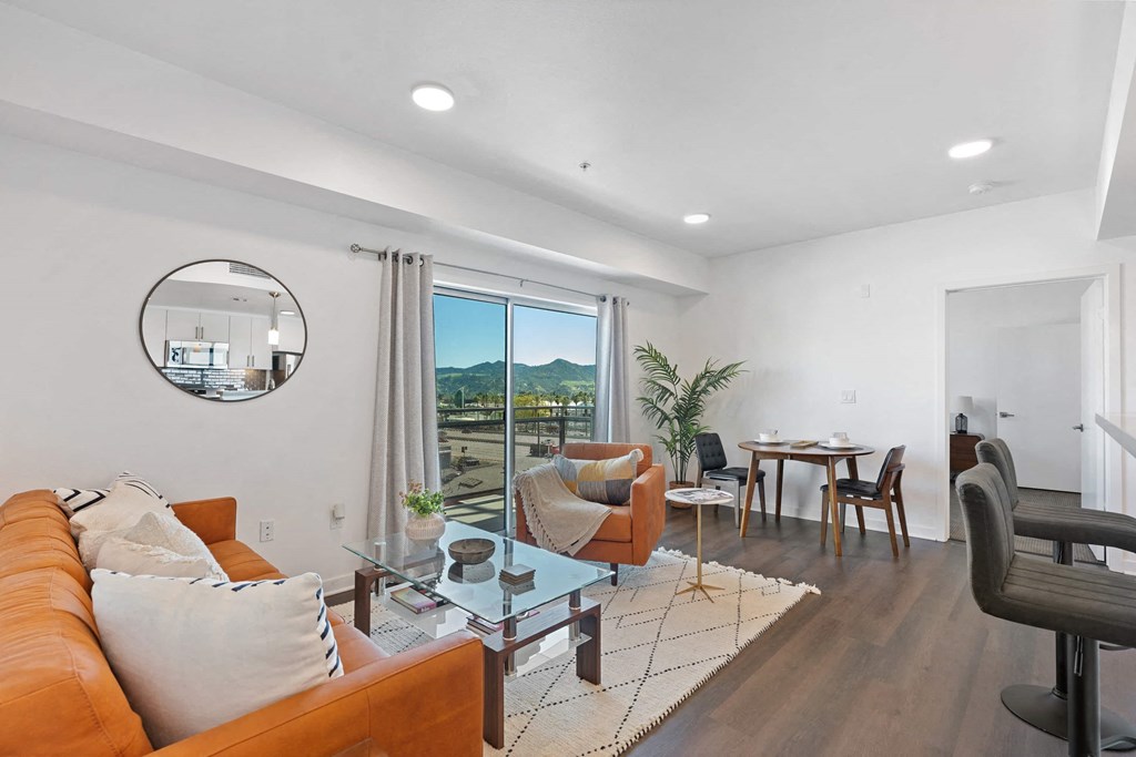 a living room with a couch and a table