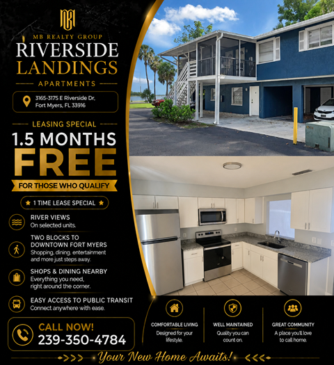 A real estate advertisement for Riverside Landings Apartments, offering a leasing special of 1.5 months free for qualified individuals.