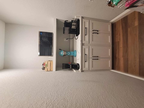 a living room with a white carpet and a white door