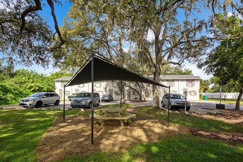 A picnic table is set up under a canopy in a grassy area.