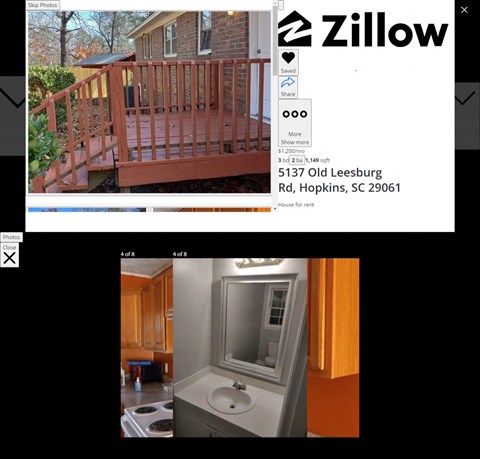 A Zillow listing shows a red deck and a bathroom with a sink and mirror.