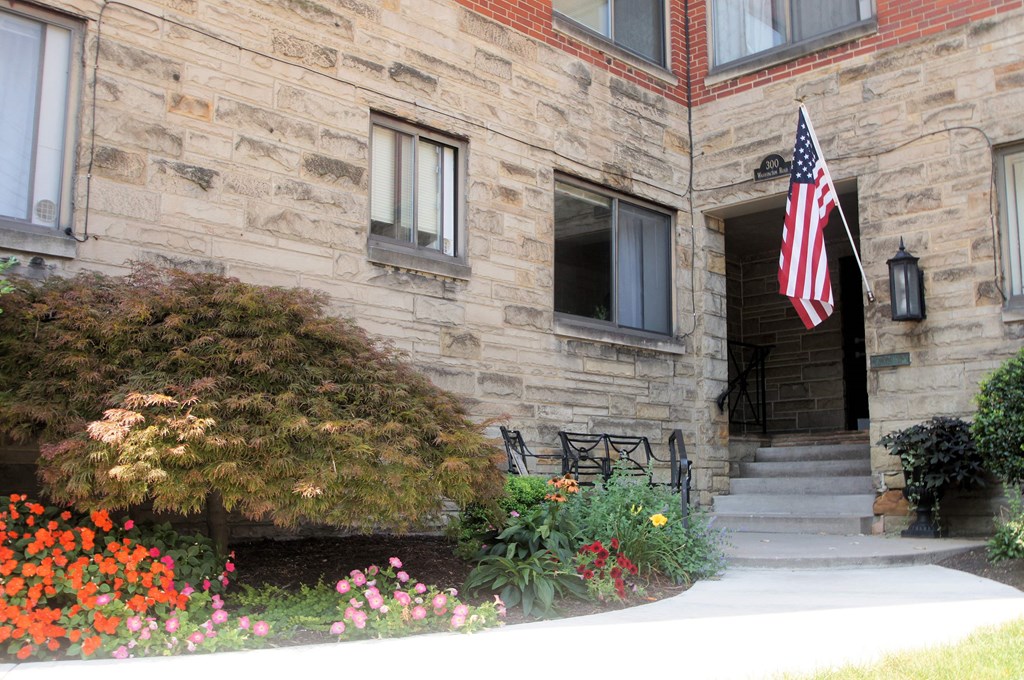 a building with an flag in front of it
