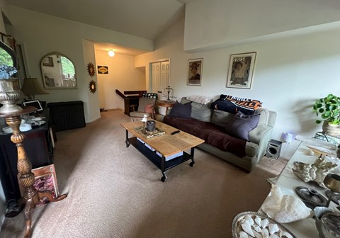 A living room with a couch, coffee table, and a fireplace.