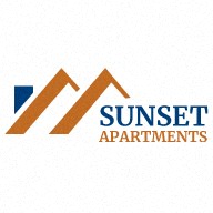the logo for sunset apartments with a blue and orange house