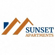 the logo for sunset apartments with a blue and orange house