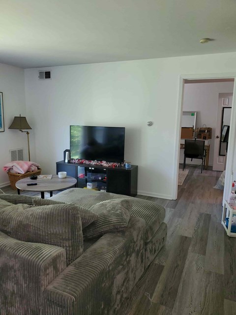 A living room with a grey couch and a black television.