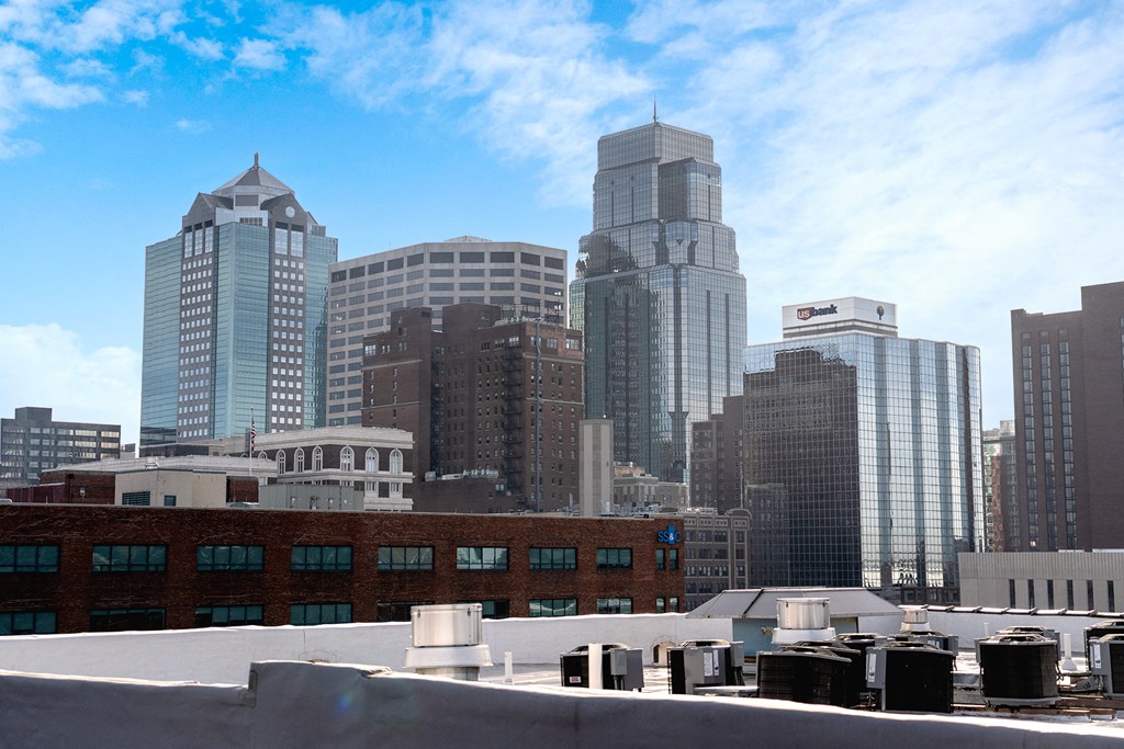 the view of the city from the roof of a building