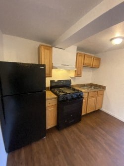 A black refrigerator and stove in a kitchen with wooden cabinets.