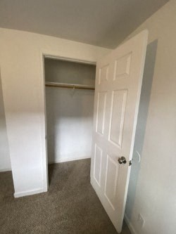 A white door is open to a room with a carpeted floor.