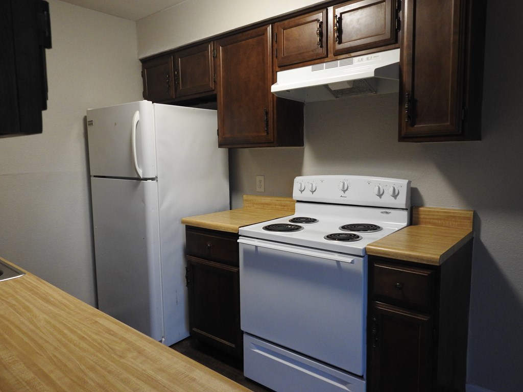 A white refrigerator and a white stove with a wooden countertop in a kitchen.