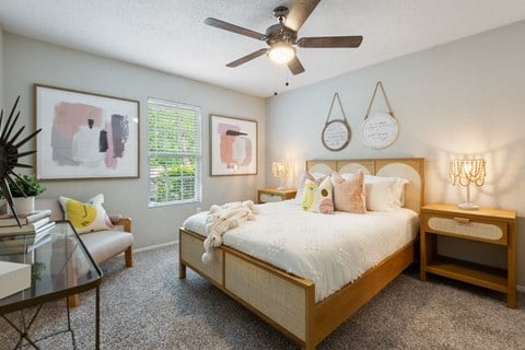 Bedroom With Ceiling Fan at Timber at the Bay, Gulfport, Mississippi