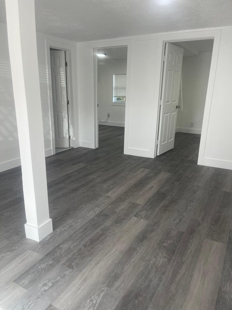 A room with white walls and a grey wood floor.