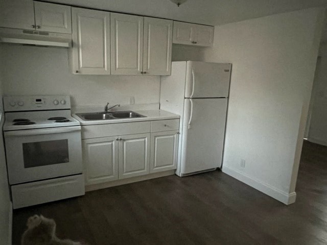 a white kitchen with a sink and a refrigerator