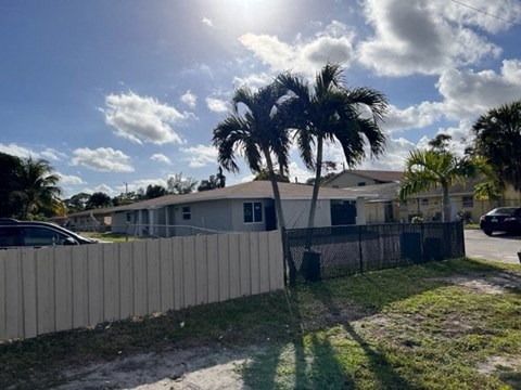 A sunny day with palm trees and a house in the background.
