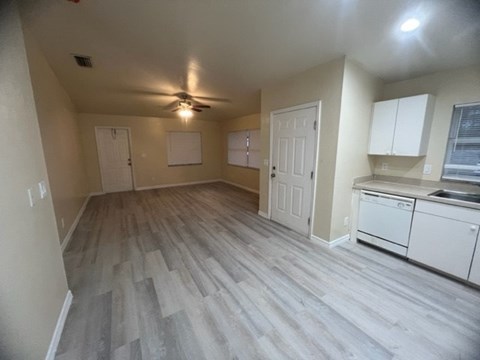 A room with a ceiling fan and light, and a kitchenette with a sink and dishwasher.