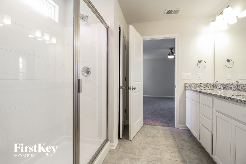 A bathroom with a walk-in shower and a vanity with a mirror.