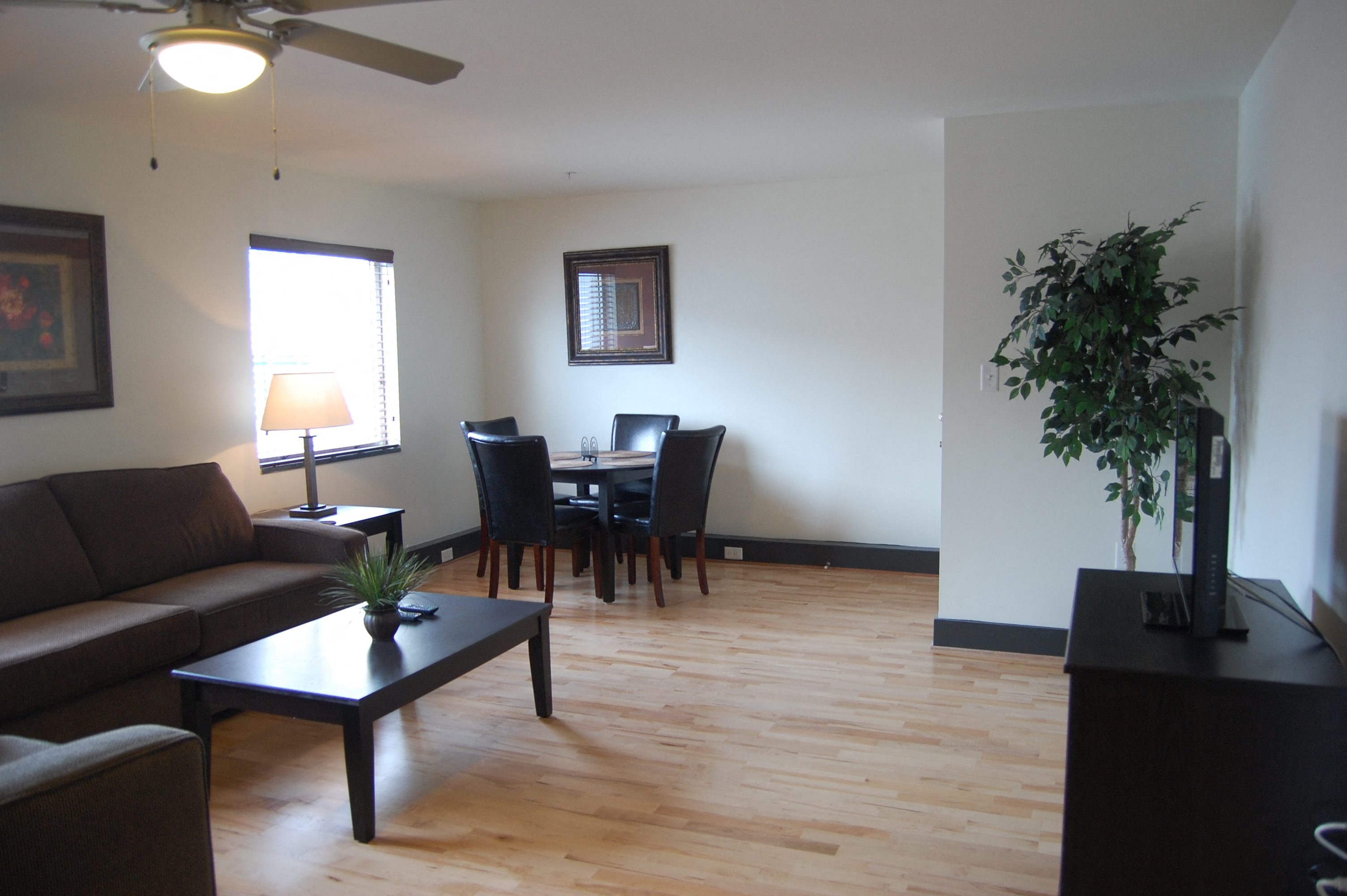 an open living room and dining room with a wood floor