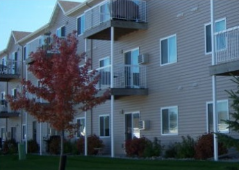 A tree with red leaves is in front of a building with balconies.