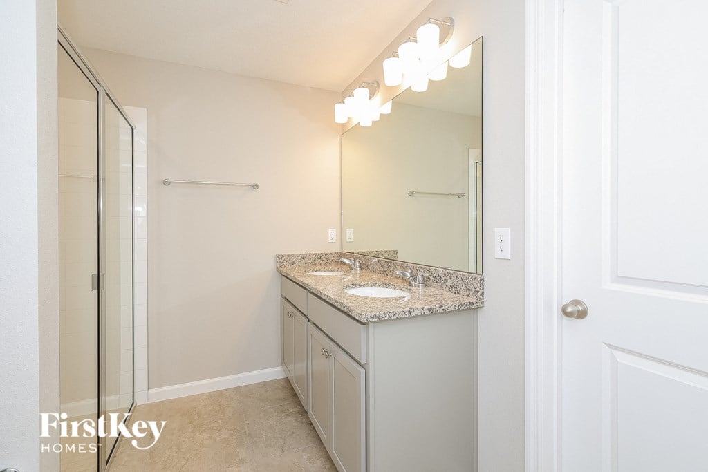 a bathroom with a sink and a mirror and a shower