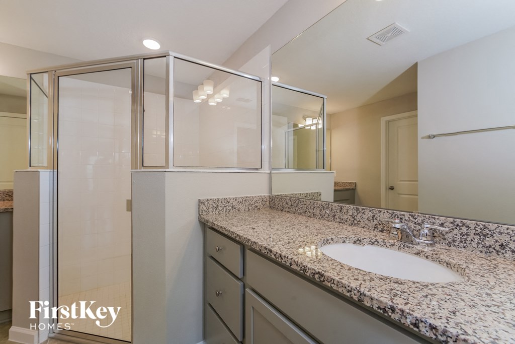 a bathroom with a sink and a shower and a mirror