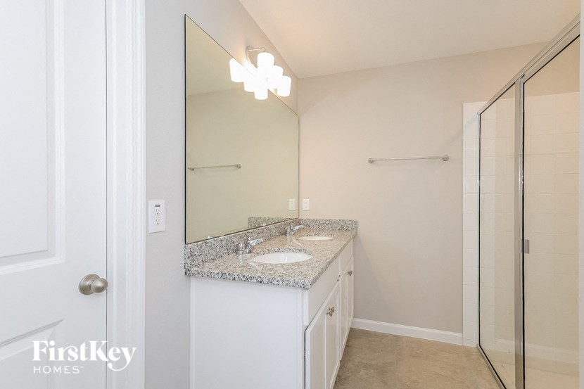 a bathroom with a sink and a mirror and a shower
