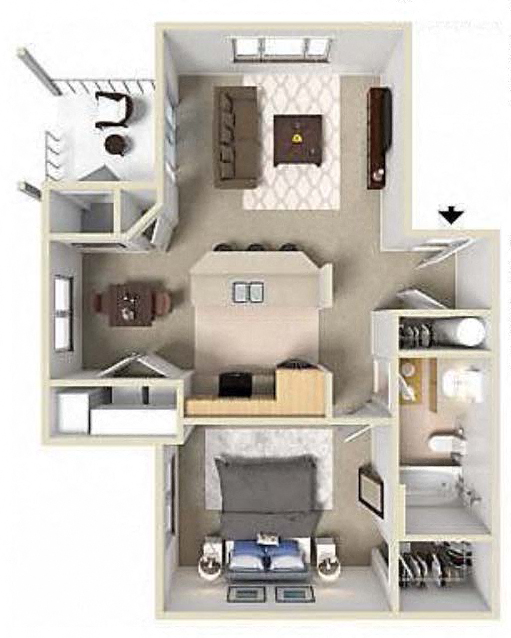 1 bedroom 1 bath 3D floor plan