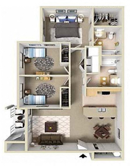 3 bedroom 2 bath 3D floor plan