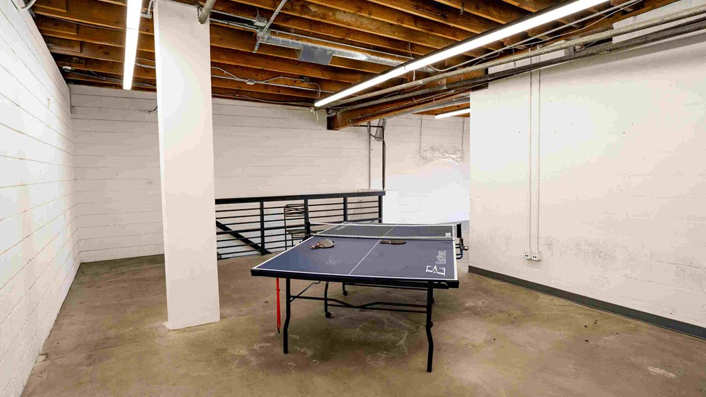 a games room with a ping pong table