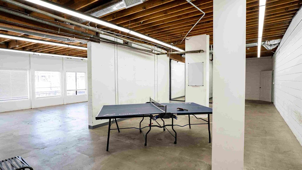 a large room with a ping pong table in it