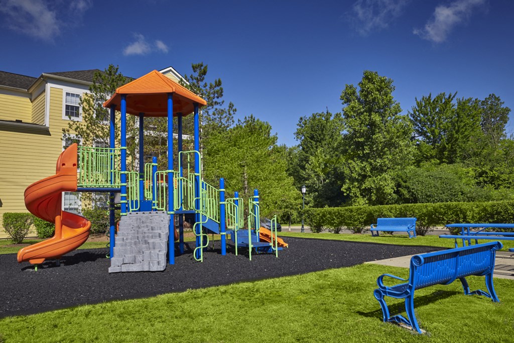 a playground with a slide and benches in a park