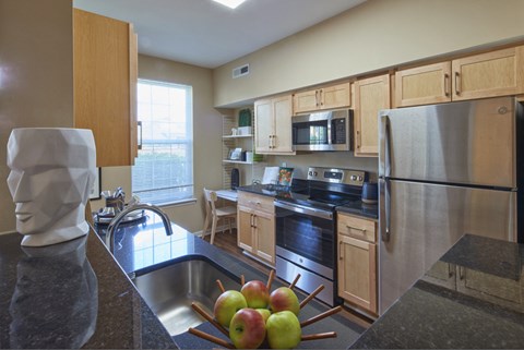 a kitchen with stainless steel appliances and wooden cabinets