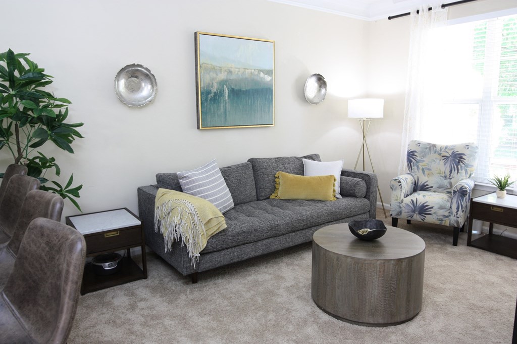 View of the living room model home at Harbour Breeze Apartments in Suffolk Virginia