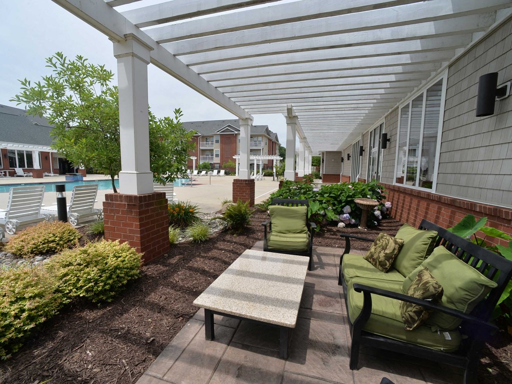 Outdoor seating near the pool in petersburg virginia