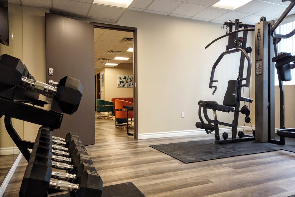 a gym with machines and a mirror in a treatment room