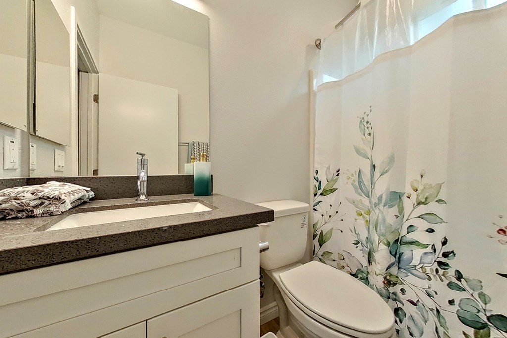 a bathroom with a shower curtain and a toilet and sink