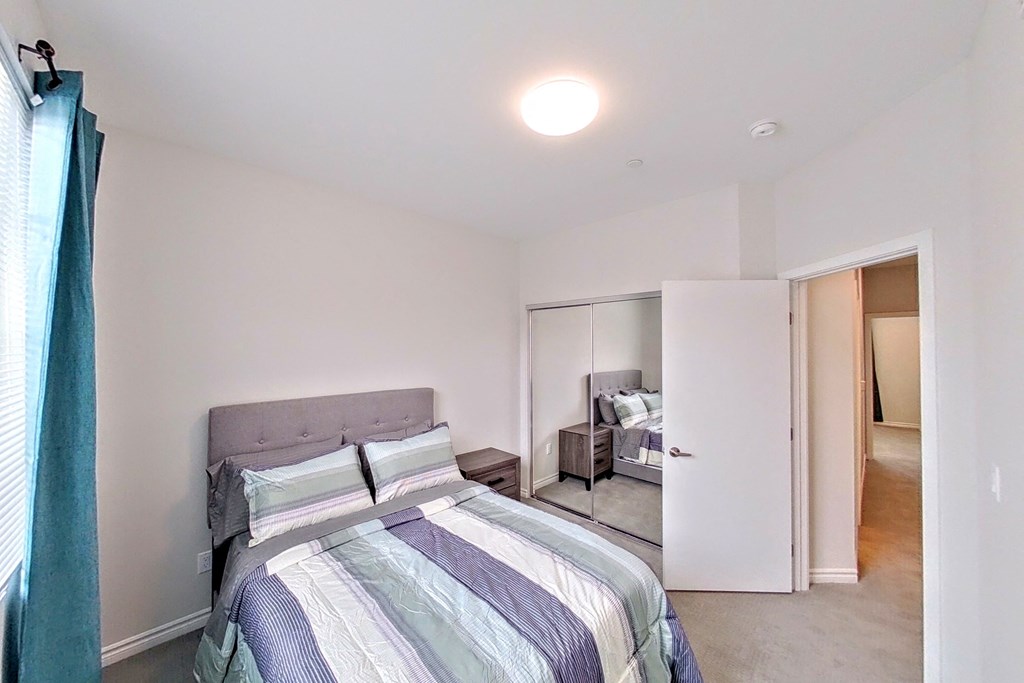 a bedroom with a bed and a closet